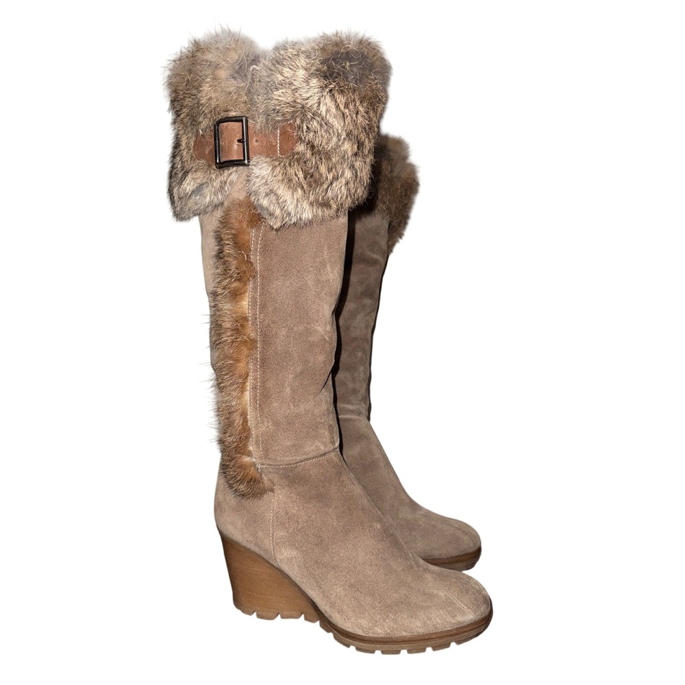 Fabianelli Tan Suede Fur Trim Wedge Boots Buckle Winter Glam Quiet Luxury